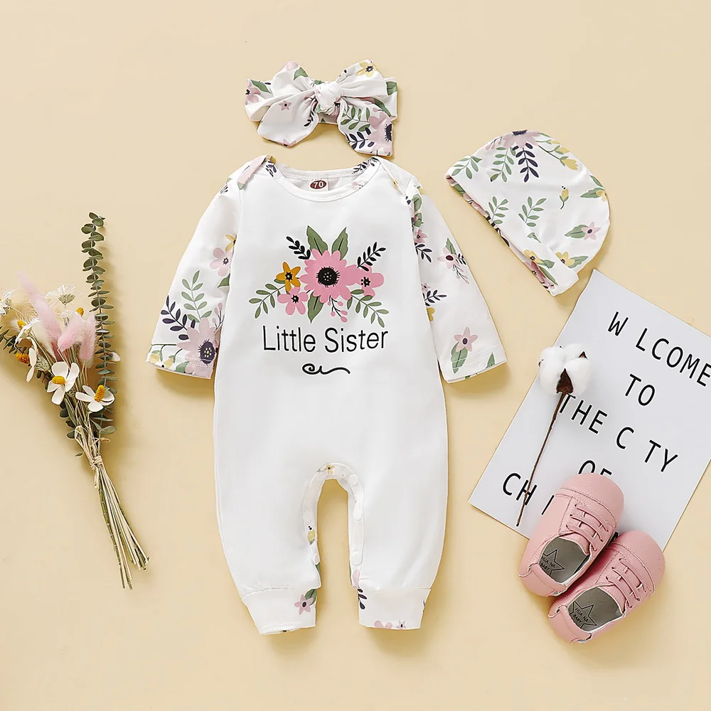 

Autumn Baby girl print long-sleeved Romper+hat+headband 3Pcs SetsNewborn Toddler Infant Body Romper Jumpsuit Outfits 0-24 D35