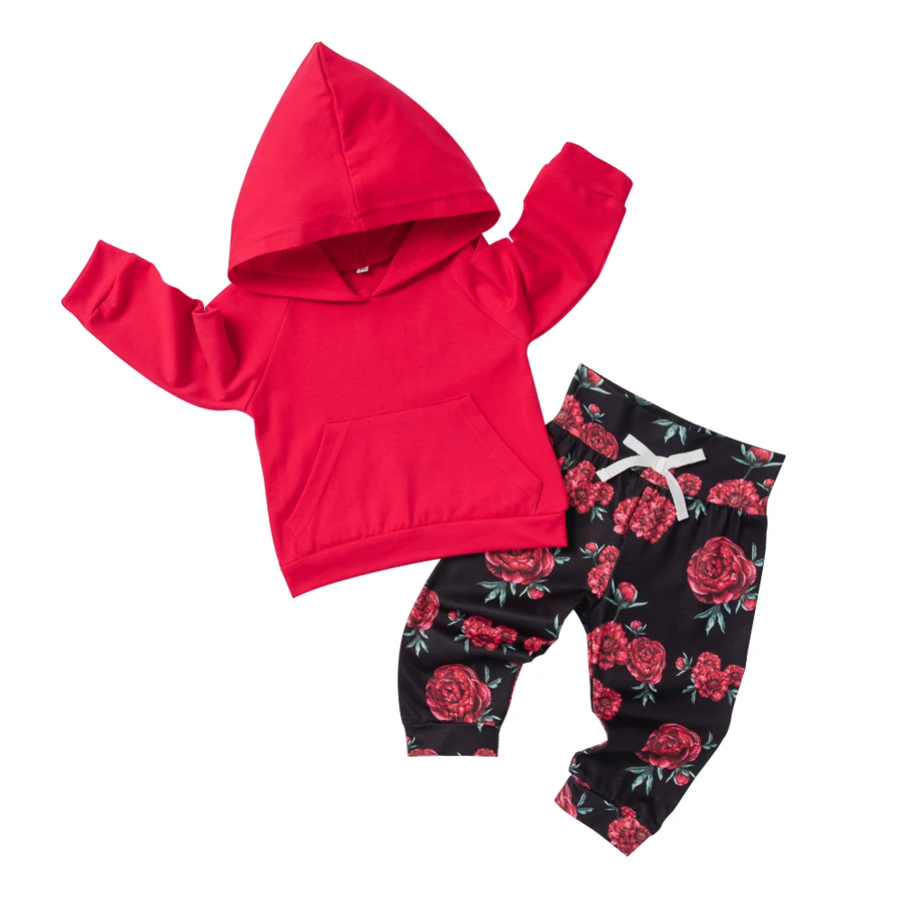 Осенняя одежда для маленьких девочек спортивные костюмы, Одежда для новорожденных толстовки с капюшоном и длинными рукавами штаны с цветочным рисунком комплект из 2 предметов для маленьких девочек возрастом от 0 до 24 месяцев