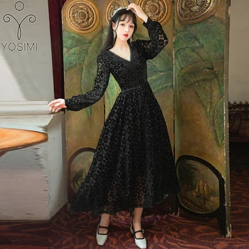 

YOSIMI Black Lace Long Dress for Women 2020 Autumn Vintage V-neck Mid-calf Long Dresses Elegant Long Sleeve Evening Party Dress