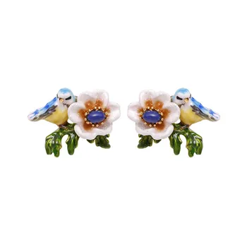 

French style fashion creative new blue bird stud earrings female enamel glaze white flowers without pierced ear clip earrings