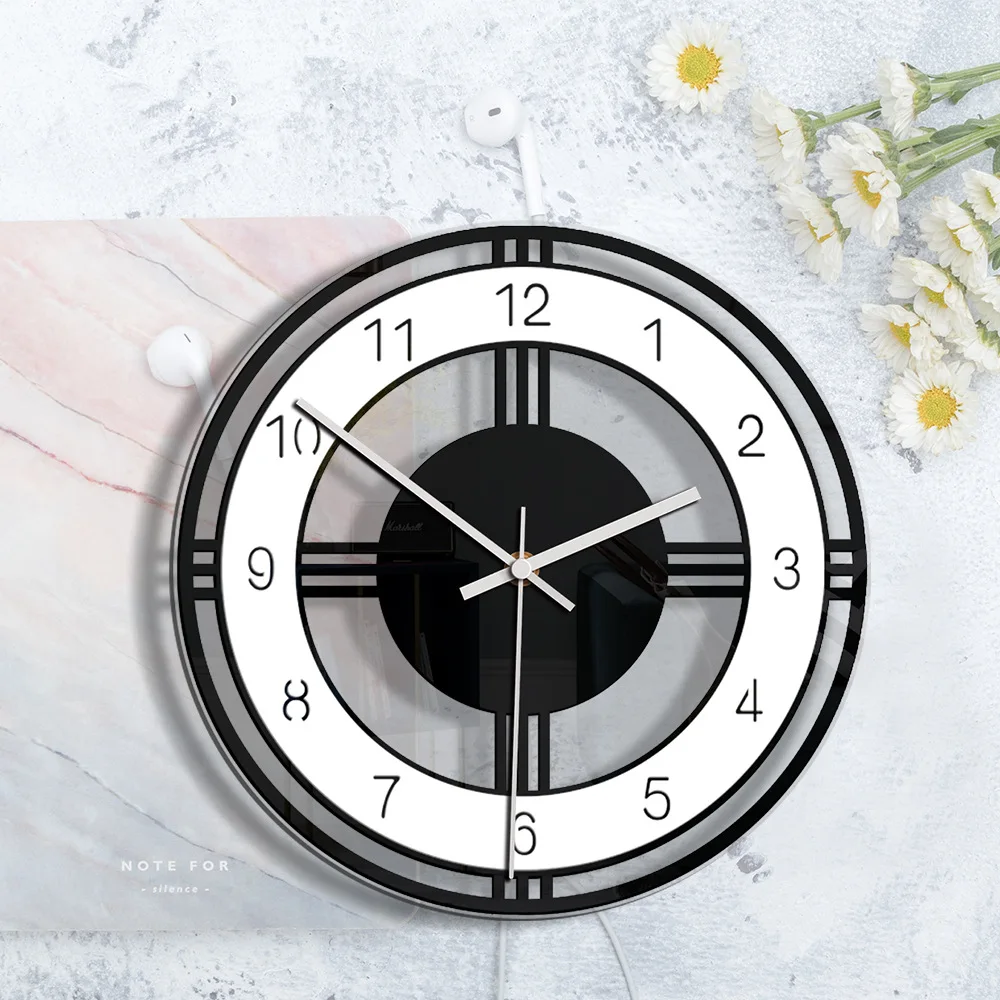12 Inch Home Decoration Black White Circle Creative Wall Clock Living Room Bedroom Transparent Acrylic Retro | Дом и сад