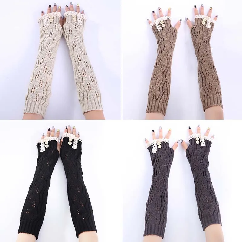 

Women Fingerless Gloves Thicken Knitted Female Gloves Winter Warm Long Touch Screen Elbow Mittens Soft Stretch Lace Button Glove