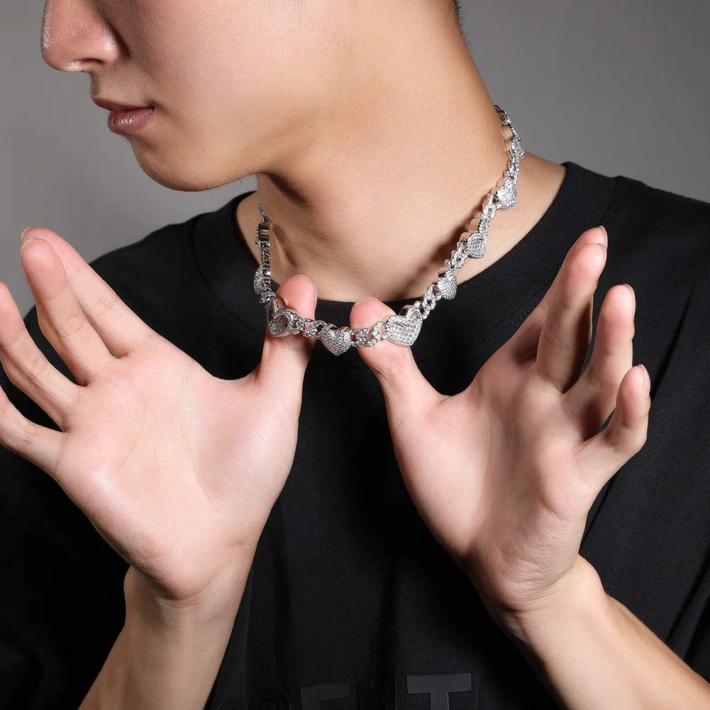 THE BLING KING 13mm Cuban Chain Full Paved 2 Designs Heart Iced Out Bling Baguettecz Necklace Charm HipHop Jewelry