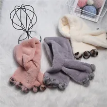 Детский меховой шарф с меховым воротником из искусственного меха в виде кошачьей лапы и леопардовых шариков, Детский Теплый мягкий шарф