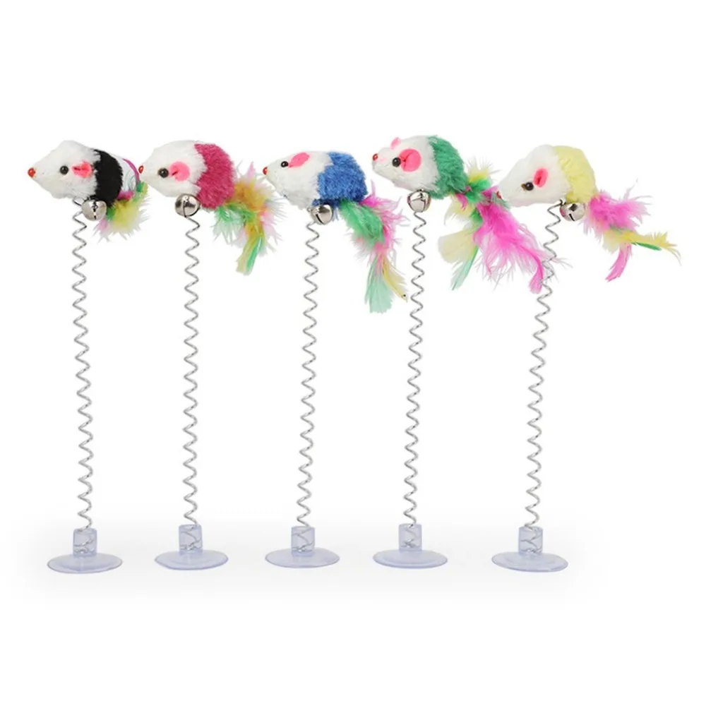 Cat toy colorful suction cup with bell spring mouse cat spring feather