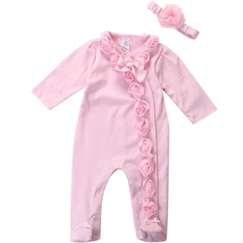 

Girl With Headband Lightweight Bowknot Decorative Buttons Baby Romper Set Lace Flower Comfortable Daily Wear Casual Breathable