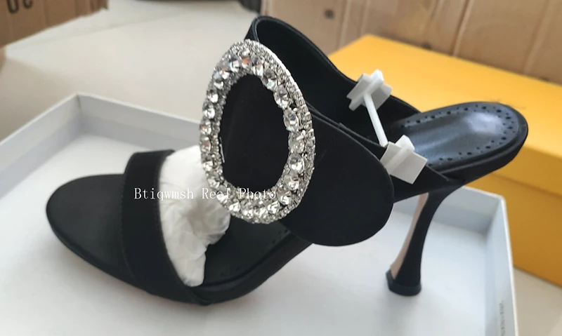 Satin Sandals Women Peep Toe Mixed Color Rhinestone Buckle High Heel Shoes Woman Sexy Party Shoes Mules Slippers
