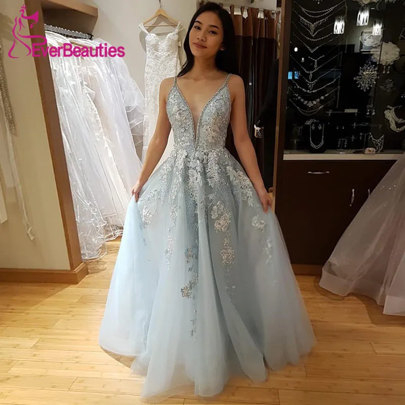 Prom Dresses LongTulle Appliques Vestidos De Gala V-Neck Prom Gown Spaghetti Straps Robe De Soiree