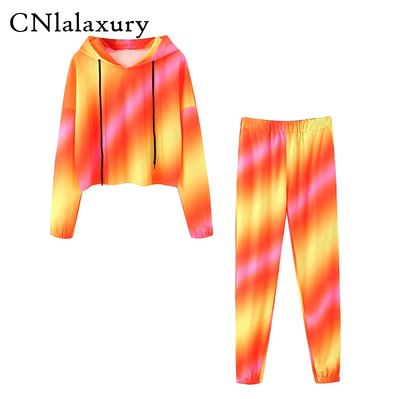 Spring Fall Streetwear Colorful Print Tracksuit Two Piece Set Women Hoodies Sweatshirt+Elastic Pants Suit Loose Outfits clothes |