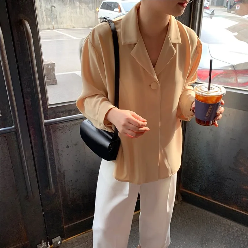 

Autumn Womens Tops and Blouses Full Sleeves Single Bteasted Loose Lazy Style Turn Down Collar Casual Bluasa Mujer Elegant