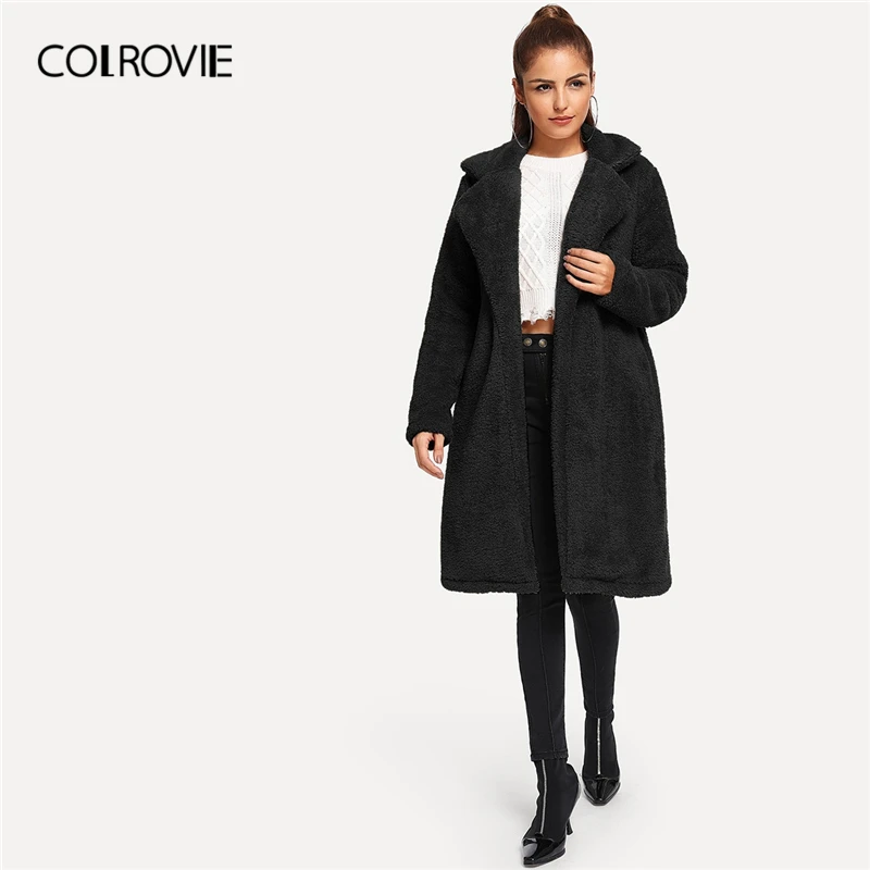 COLROVIE/однотонное длинное пальто-Тедди; женские Гламурные черные пальто; коллекция года; сезон осень-зима; теплые пальто с зубчатым воротником; дубленки
