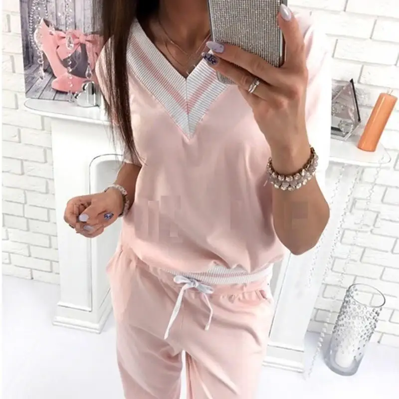 

Nice Tide Pullover Sweatshirt And Long Pants Sets 2 Pieces Casual Women Suits V-Neck Cotton Tracksuit Sets