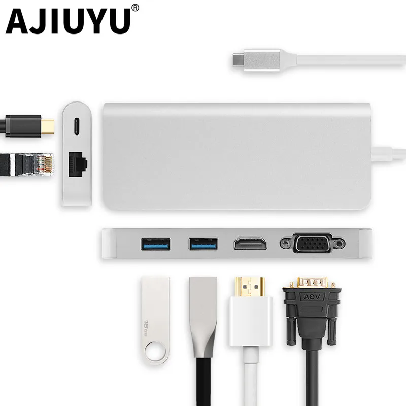 USB концентратор AJIUYU док станция типа C Thunderblt 3 мультипортовый конвертер HDMI VGA RJ45 0 PD