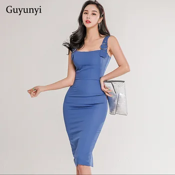 

Blue Professional Office Lady Dress 2020 Summer Simple High Waist Tight Sexy Sleeveless Temperament Elegant Party Dress Women