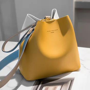 

Women Handbags PU Leather Bucket Shoulder Bags Female Fashion Wide Strap shoulder Crossbody Messenger Bags Yellow Gray Khaki