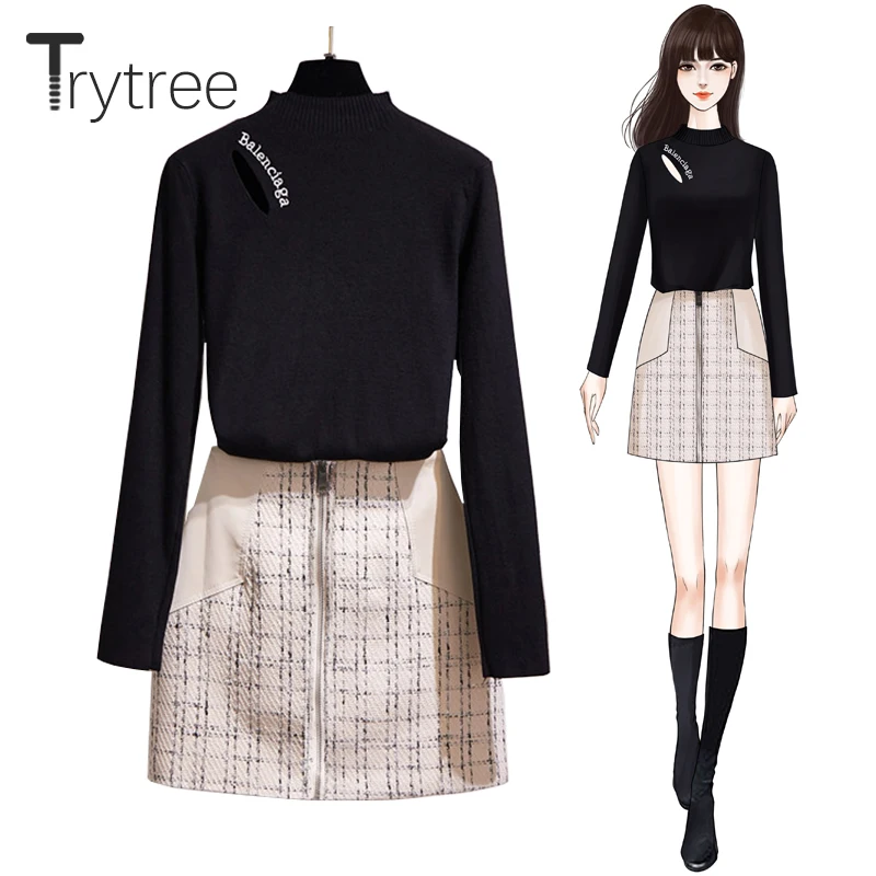 Trytree/осенне-зимний женский комплект из двух предметов повседневный черный