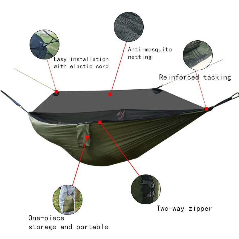 1set Portable Camping Hammock Outdoor Flat Sleep Hammock Tent Suspension Kit with Mosquito Net Rain Fly and Tree Straps Supplies