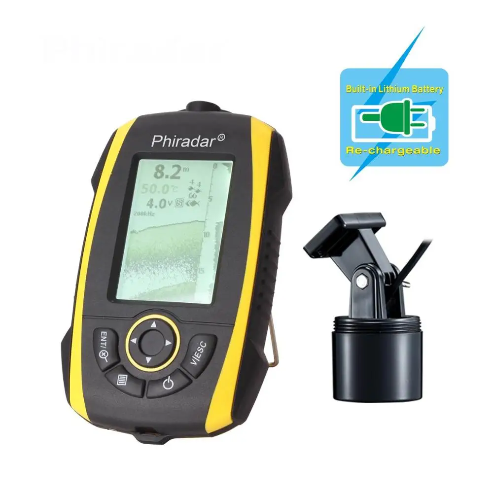 

Original Phiradar FF268A Portable Fish Finder Rechargeable Dual Beam Sonar Fishfinder 72M 240ft Depth Detection Grayscale LCD