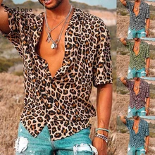 Plus size 4xl 5xl 2020 Men Leopard Dot Blouse Summer Casual Shirts Male V Neck Beach Shirt Blusas Short Sleeve Fashion Print Top