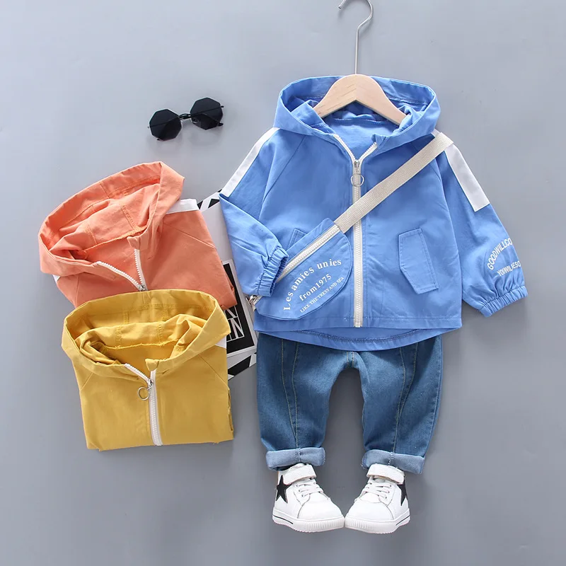 

BOY'S Spring And Autumn 2020 Children Baby English Lettered Mixed Colors Hooded Satchel Zip-up Shirt Jeans Two-Piece Set