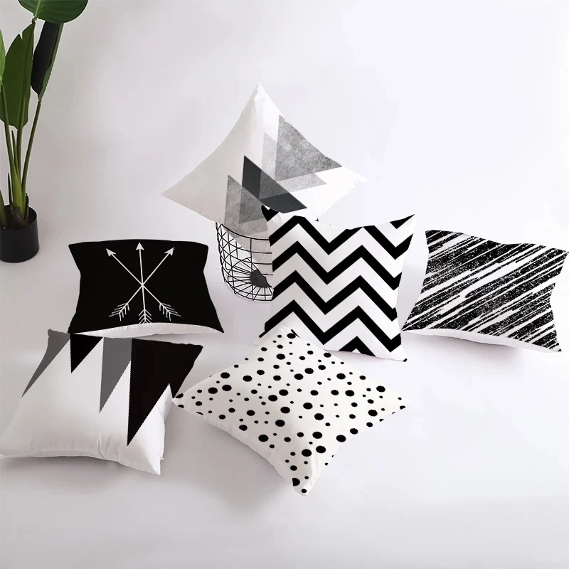 

Geometric Cushion Cover Black and White Polyester Throw Pillow Case Striped Dotted Grid Triangular Geometric Art Cushion Cover