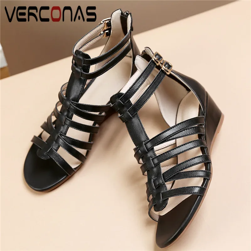 Женские босоножки на танкетке VERCONAS черные удобные из натуральной кожи молнии