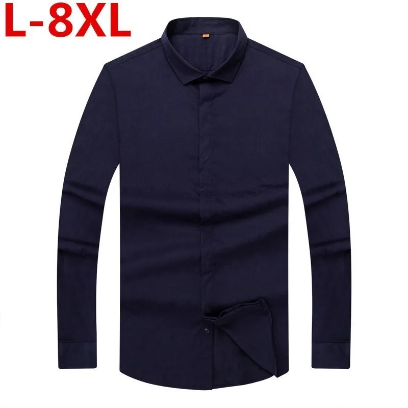 Размера плюс 8XL брендовая Однотонная рубашка с длинным рукавом для мужчин