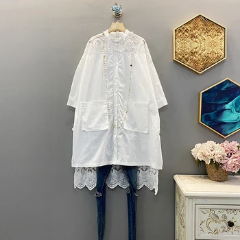 

[EWQ] 2020 Spring Summer New Arrivals Stand Collar Half Sleeve Hollow Out Patchwork Lace Women Casual Fashion Shirt Long AW25201