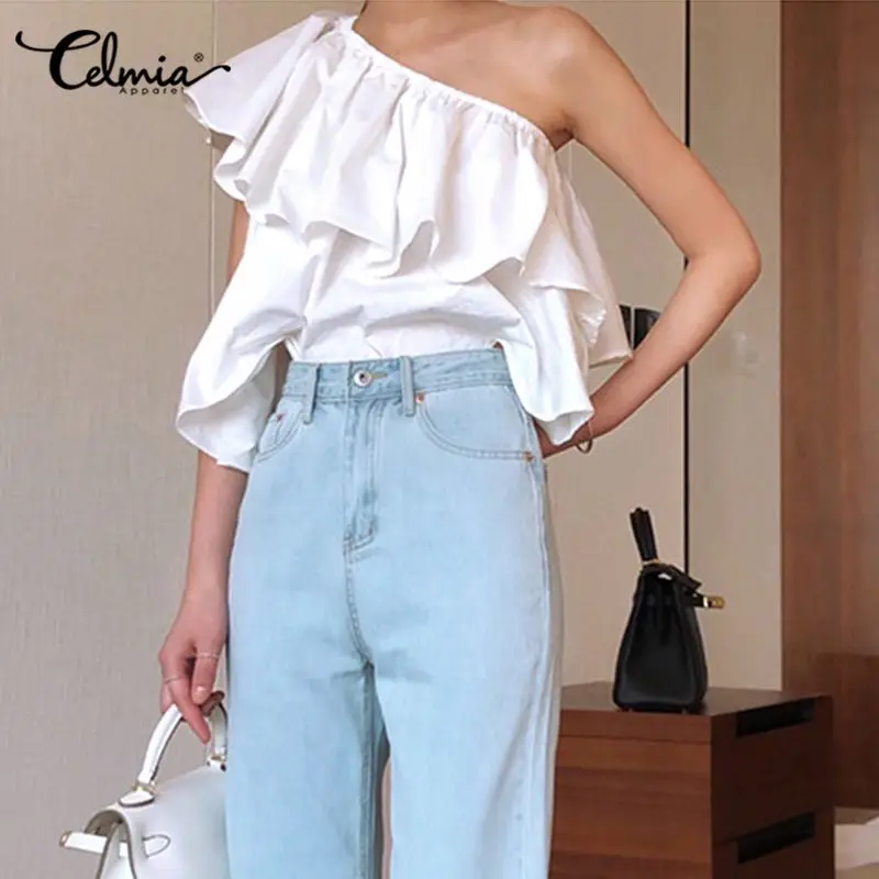 2020 New Celmia Women Ruffled Blouses Celmia Sexy One Shoulder Summer Shirts Sleeveless Casual Party Shirts Sweet Chic Blusas