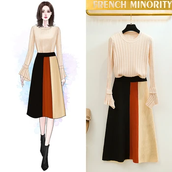 

new winter port flavour sweater skirt two pcs clothing set knitted suits Korean fashion pullover top knitwear outfit vestido