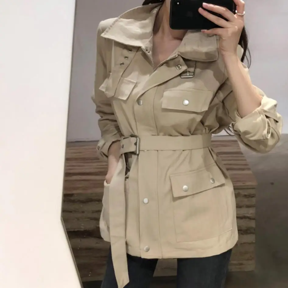 

2019 spring and autumn new fashion windbreaker women safari style lapel sim belted jacket