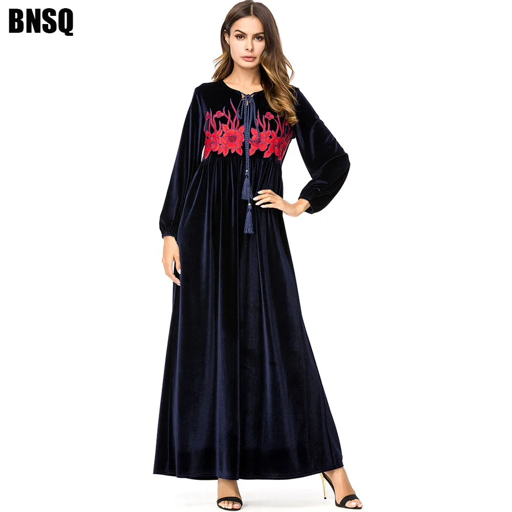 BNSQ зимнее Золотое бархатное Макси платье большого размера с длинными рукавами и круглым вырезом Черное Красное вино Туника элегантное