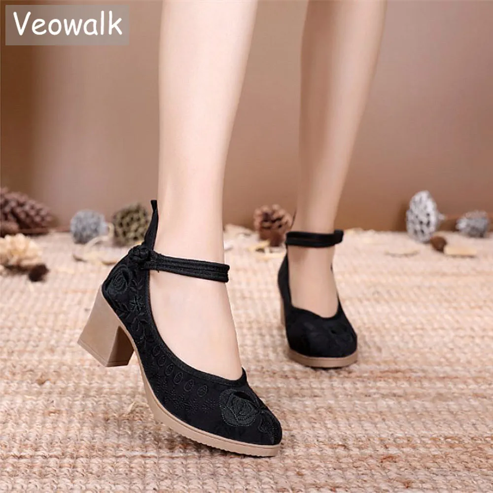 Veowalk/жаккардовые Хлопковые женские туфли с вышивкой на массивном каблуке 6 см