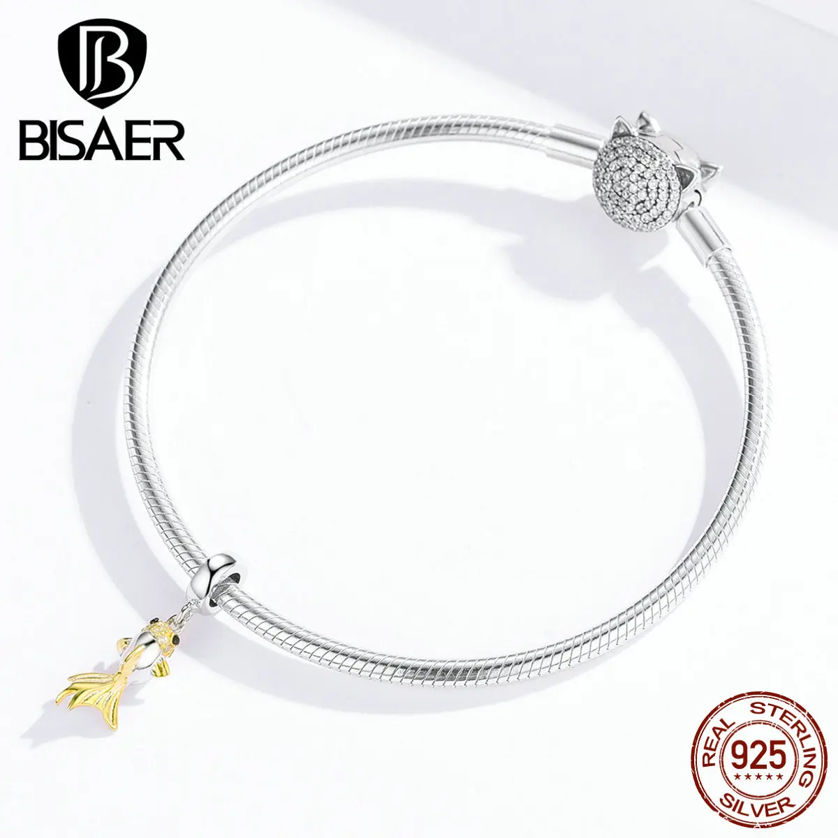 BISAER Hot Sale Authentic 925 Sterling Silver Koi Shape Charms Lucky Koi Beads fit DIY Bracelets Silver 925 Jewelry EFC127