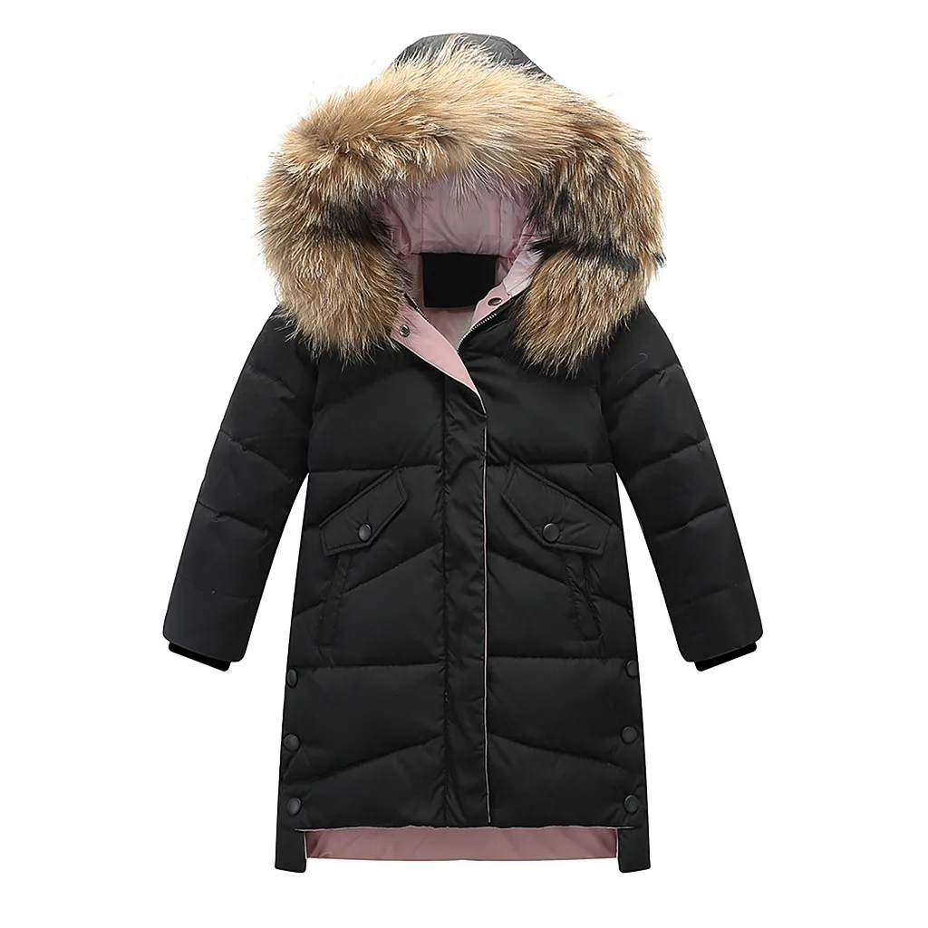 Зимнее пуховое пальто для маленьких девочек; однотонные теплые нарядные куртки на молнии с капюшоном и искусственным мехом; стеганая куртка; верхняя одежда - Цвет: Black