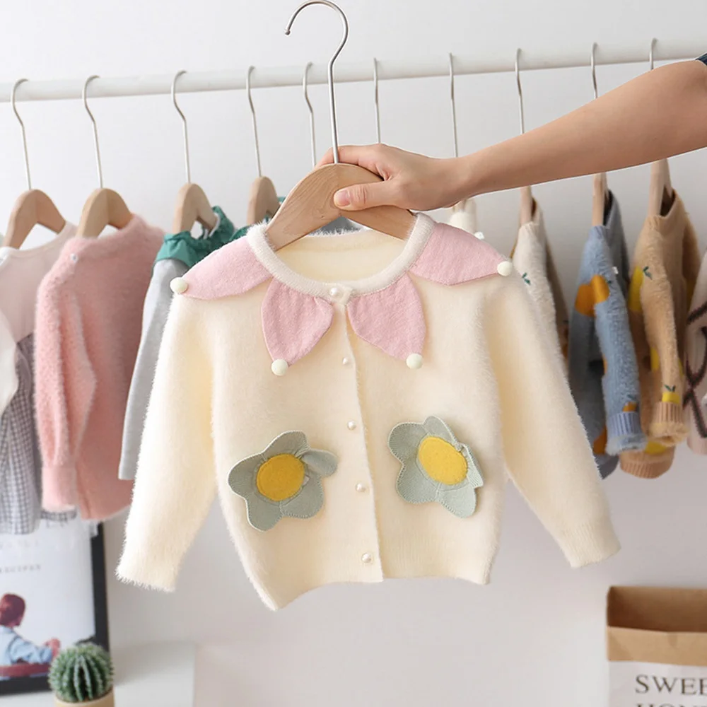 Милый Модный осенне-зимний трикотажный свитер для маленьких девочек, цветочные шарики, кардиган, топы, верхняя одежда, пальто, S9513 - Color: Beige