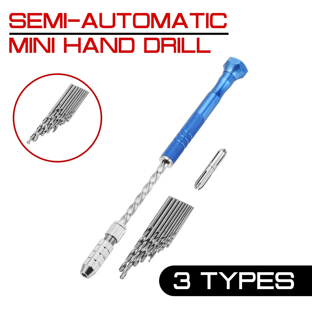 10pcs Twist Drill Bits Drill Wood Model Manual 0.5-3mm Drill Bit+Semi-automatic Mini Hand Drill +2pcs Double Side Chuck