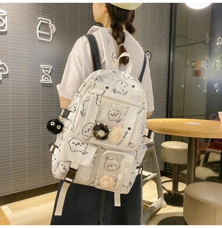 Female Japanese Harajuku Ita Bag Ladies Retro Kawaii Bear Print Backpack New Cute Pendant Large Capacity Student School Bag 5