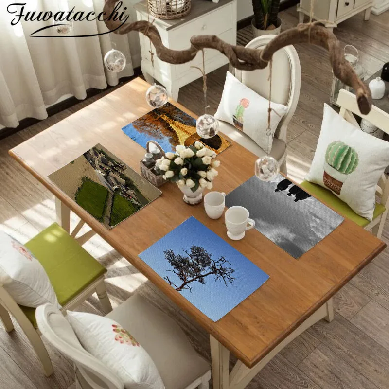 Fuwatacchi Placemat Cotton Linen Stripe Pad Dining Table Mat Heat Insulation Non Slip Placemats Bowl Coaster Party Decorations