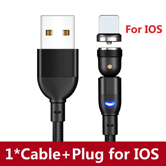 AUFU 540 Degrees Rotating Magnetic Cable Micro USB Type C Phone Cable For iPhone11 Pro XS Max Samsung Xiaomi USB Cord Wire Cable Black for iPhone