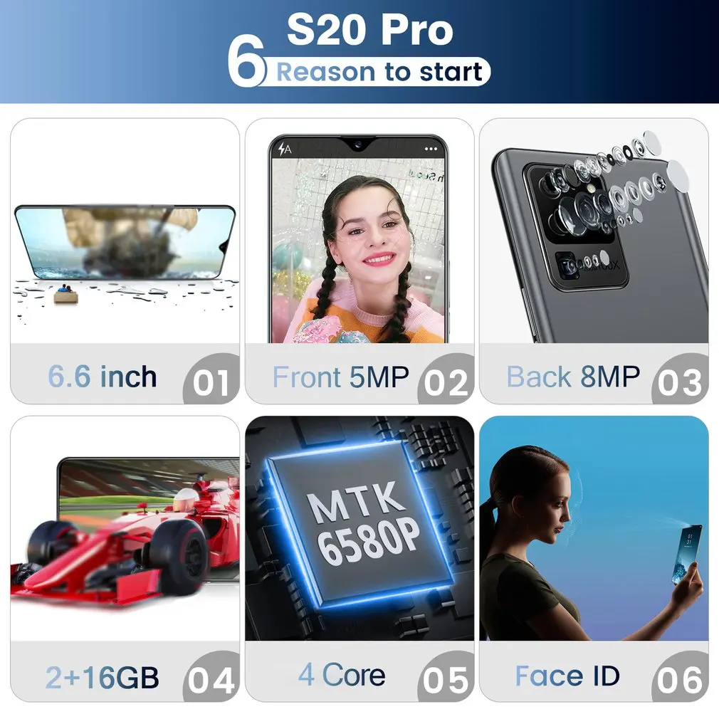 S20 Pro 6 дюймовый смартфон 2 + 16g капли воды большой экран ультра тонкий