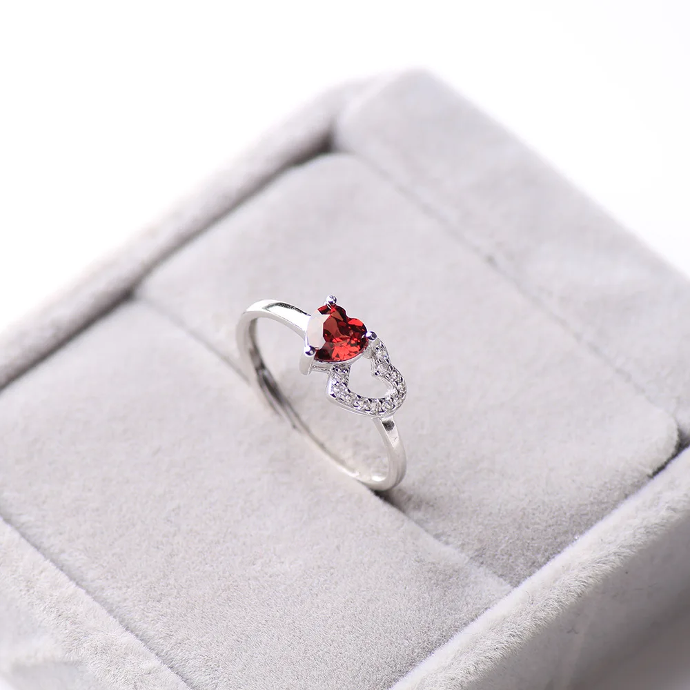

Romantic heart-shaped wine red garnet gemstone ring, 925 sterling silver adjustable women's ring, 925 silver jewelry for women