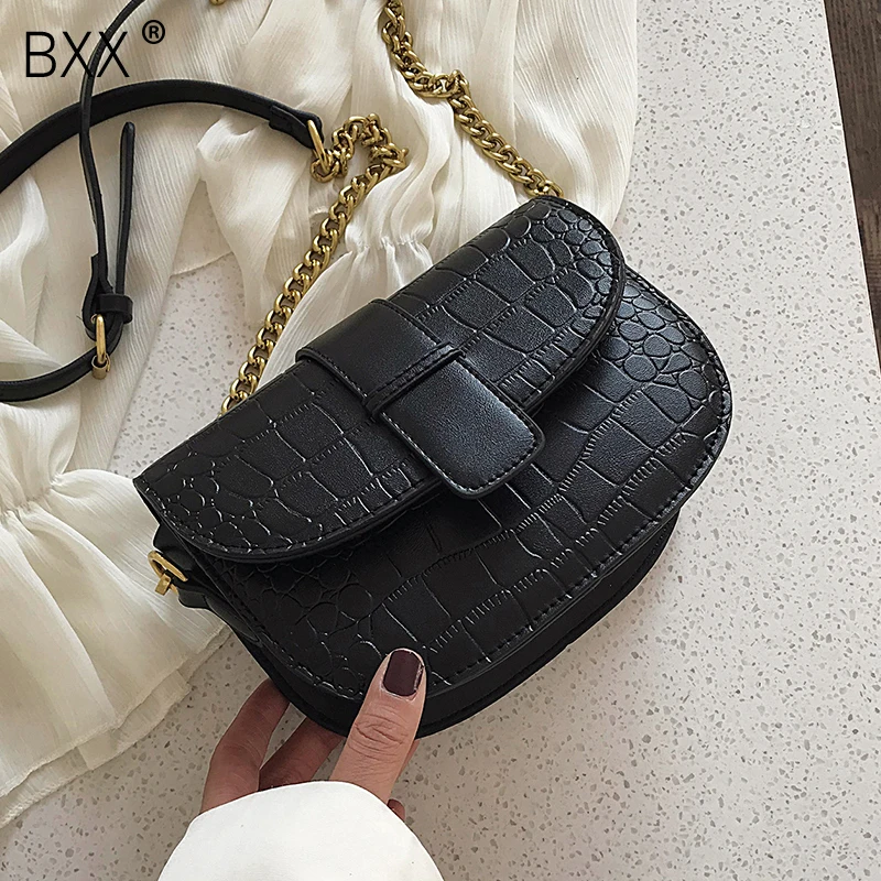 

[BXX] Stone Pattern PU Leather Crossbody Saddle Bags For Women 2020 Chain Fashion Shoulder Messenger Bag Female Handbags HK440