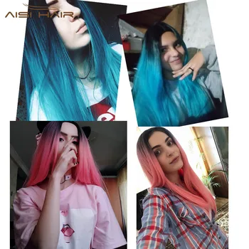Ombre Blue Green Straight Long Synthetic Wigs For Women Black Pink Wigs 24 inch can be Cosplay Wigs Heat Resistant  I's a wig 5