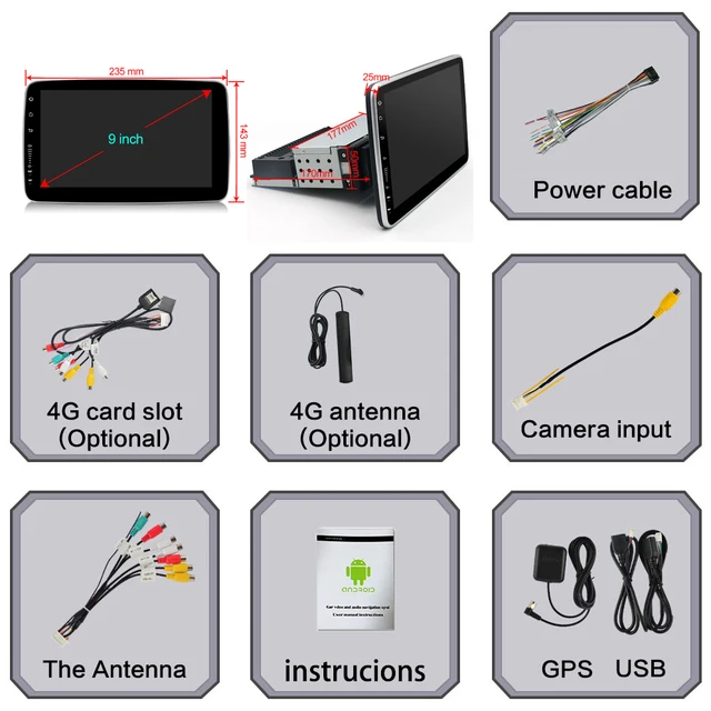 Universal 360°Rotation Android 11 Car 1 Din Radio 9'' 10'' GPS  BT Video Multimedia Android auto Player Carplay 8G+128GB 6
