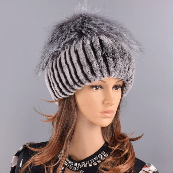 winter women hats fox rabbit fur pompom skullies beanies warm elastic fashionable fluffy thick outdoor stylish natural fur hats - Цвет: Coffee