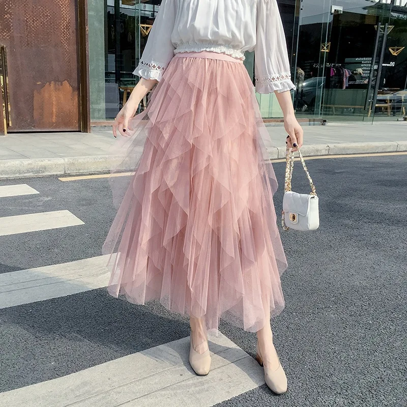 

Autumn And Winter Skirt Korean-style INS Super Fire Gauze Joint Fairy Skirt Irregular Wave Pendulum Elastic Waist Medium-length