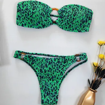 

Fashsiualy Clasp green Swimsuit Womens Leopard Bikini Set Push up Padded Bathing suit Bandeau Swimwear High waist Biquíni Fato