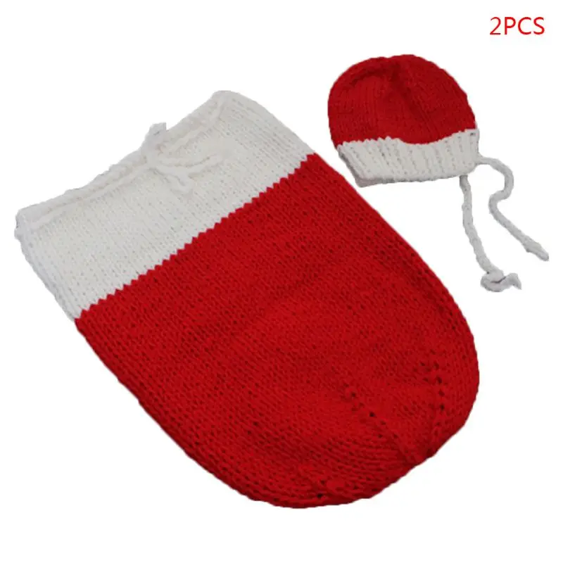 Red 2 Pcs Set Baby Crochet Knit Costume Newborn Photography Props Xmas Shoot Hat P31B - Цвет: Red