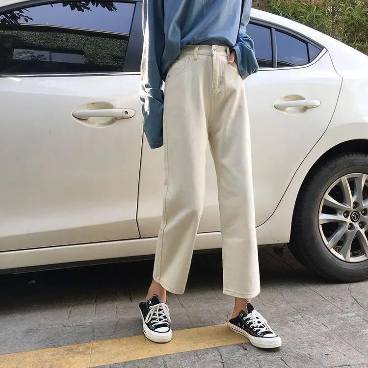 High Waist Jeans Women Black Solid Simple All Match Novelty Womens Korean Fashion Streetwear Trousers Females Ankle-length Soft